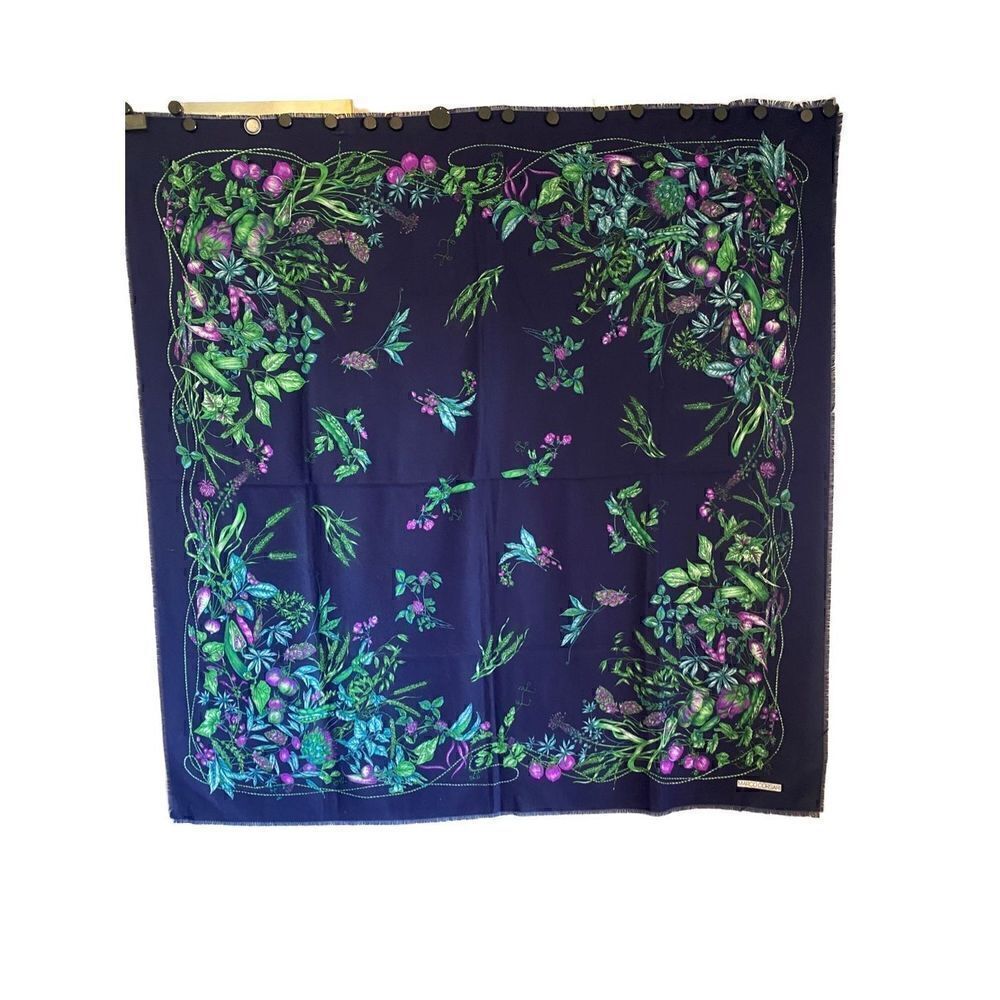 Marco Corsari Dark blue scarf with green and purple vegetables and herbs plants